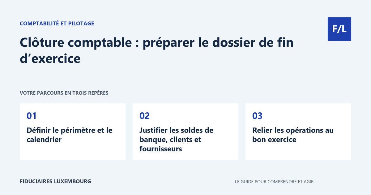 Cl&ocirc;ture comptable : pr&eacute;parer le dossier de fin d&rsquo;exercice : D&eacute;finir le p&eacute;rim&egrave;tre et le calendrier, Justifier les soldes de banque, clients et fournisseurs, Relier les op&eacute;rations au bon exercice