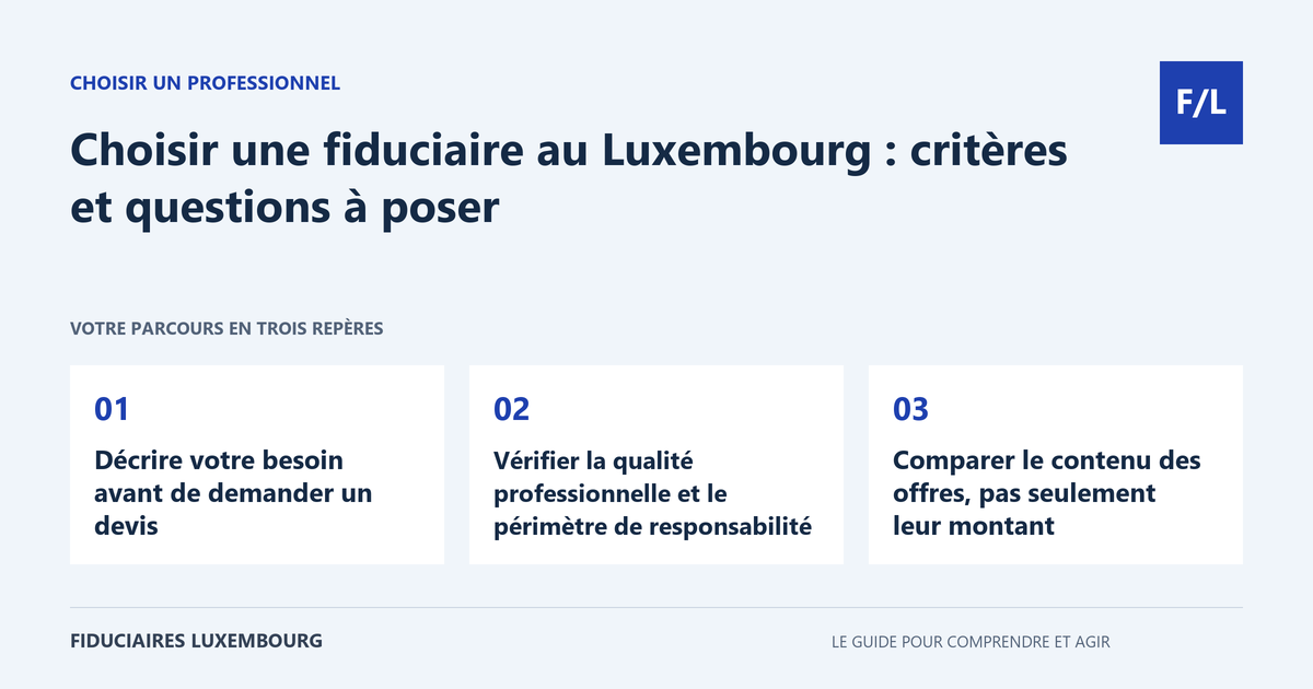 Choisir une fiduciaire au Luxembourg : critères et questions à poser : Décrire votre besoin avant de demander un devis, Vérifier la qualité professionnelle et le périmètre de responsabilité, Comparer le contenu des offres, pas seulement leur montant