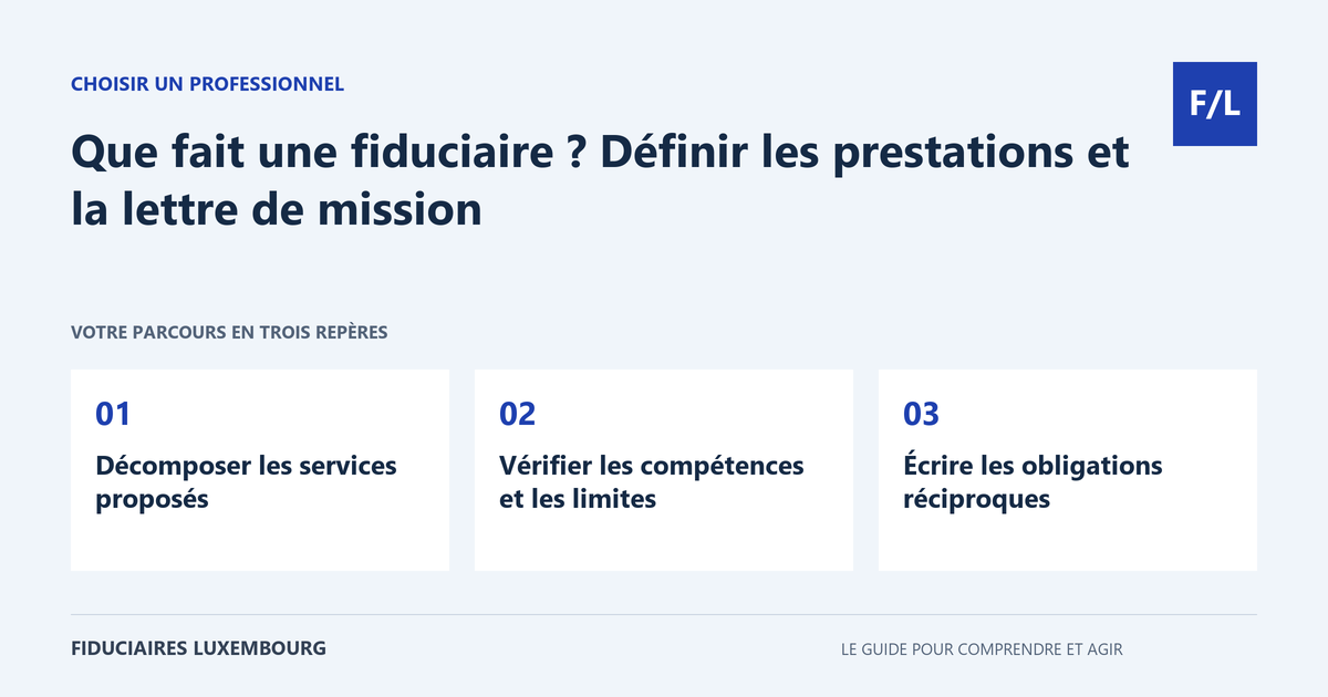 Que fait une fiduciaire ? Définir les prestations et la lettre de mission : Décomposer les services proposés, Vérifier les compétences et les limites, Écrire les obligations réciproques