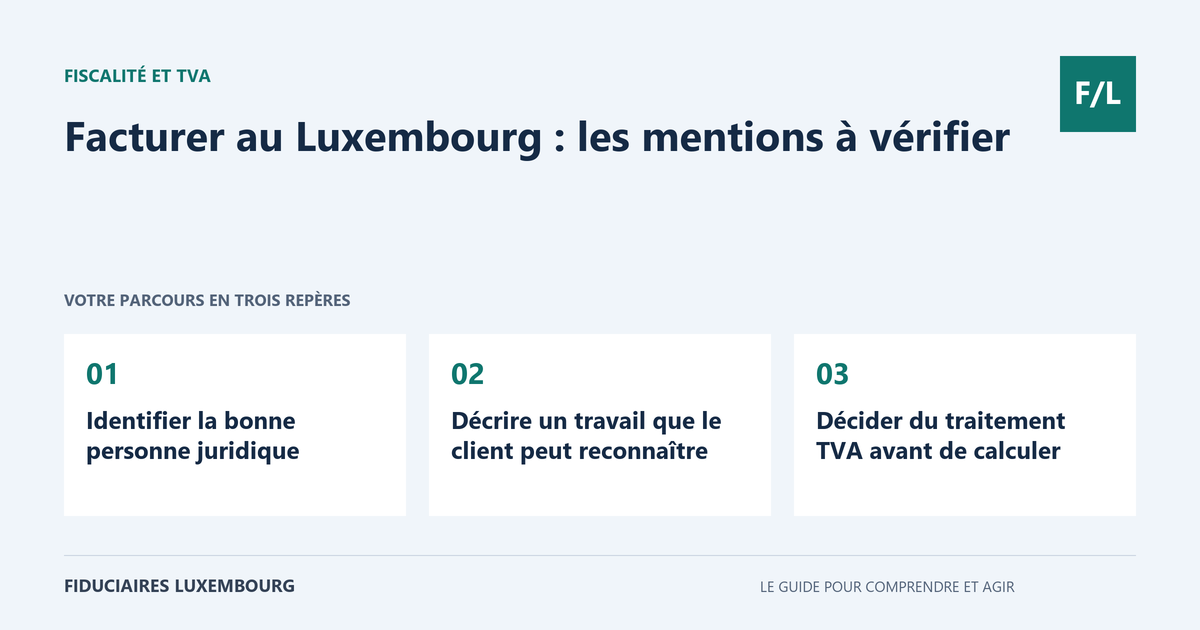 Facturer au Luxembourg : les mentions à vérifier : Identifier la bonne personne juridique, Décrire un travail que le client peut reconnaître, Décider du traitement TVA avant de calculer