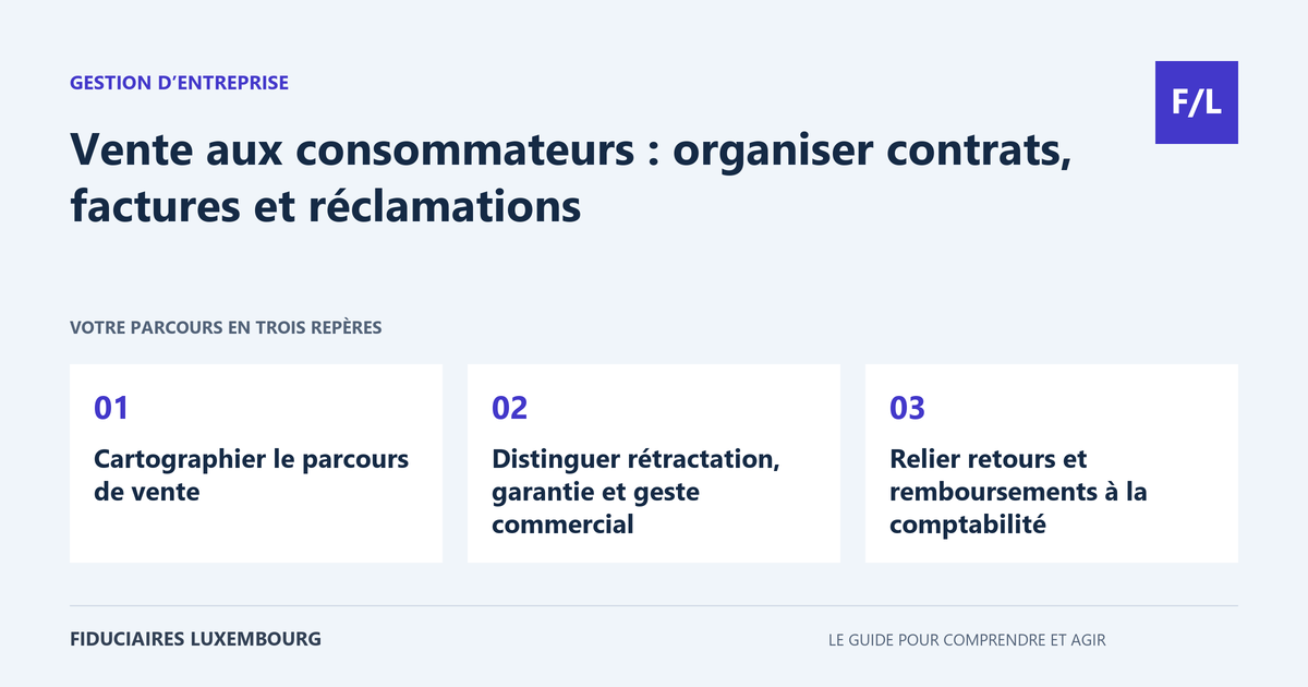 Vente aux consommateurs : organiser contrats, factures et réclamations : Cartographier le parcours de vente, Distinguer rétractation, garantie et geste commercial, Relier retours et remboursements à la comptabilité