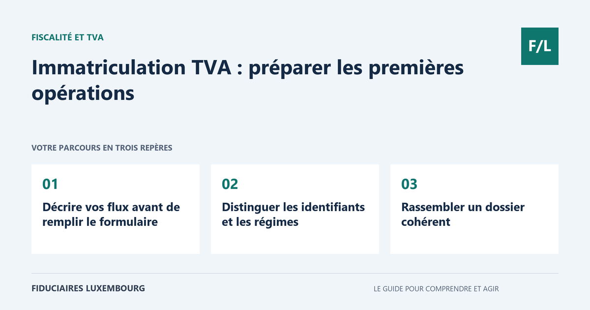 Immatriculation TVA : pr&eacute;parer les premi&egrave;res op&eacute;rations : D&eacute;crire vos flux avant de remplir le formulaire, Distinguer les identifiants et les r&eacute;gimes, Rassembler un dossier coh&eacute;rent
