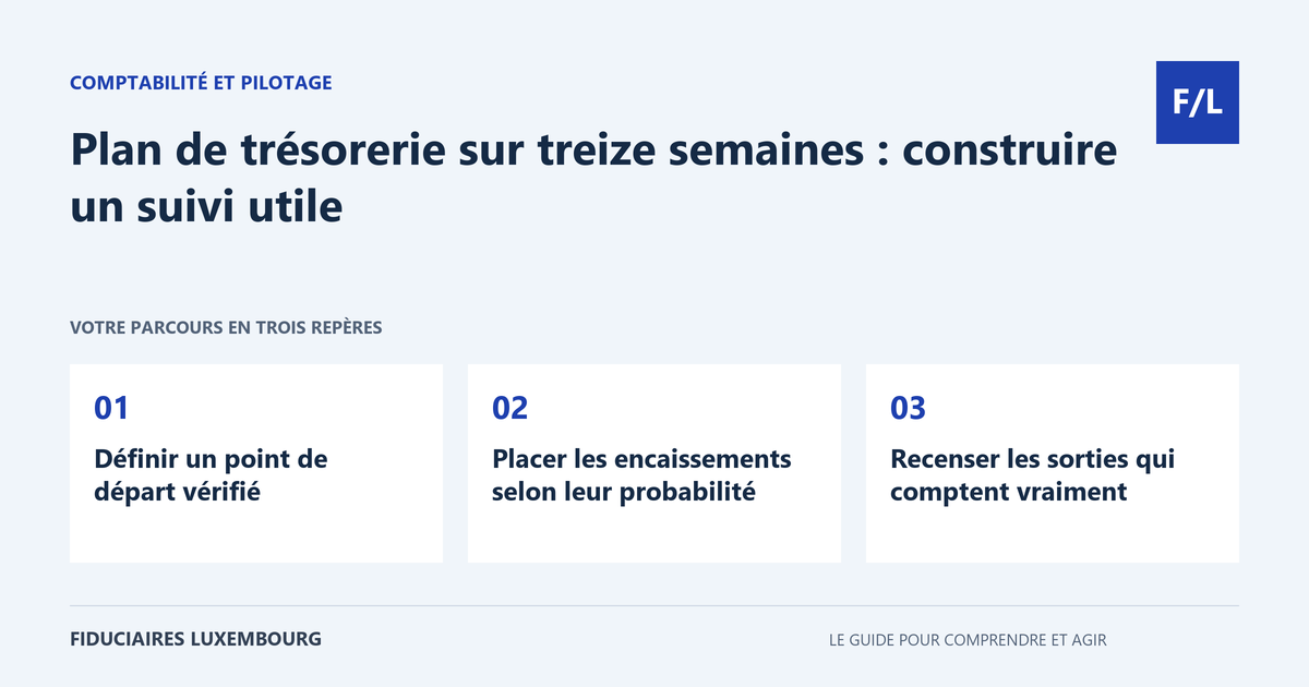 Plan de tr&eacute;sorerie sur treize semaines : construire un suivi utile : D&eacute;finir un point de d&eacute;part v&eacute;rifi&eacute;, Placer les encaissements selon leur probabilit&eacute;, Recenser les sorties qui comptent vraiment