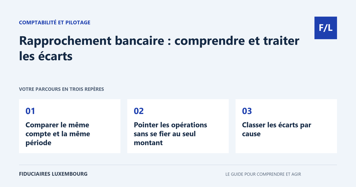 Rapprochement bancaire : comprendre et traiter les écarts : Comparer le même compte et la même période, Pointer les opérations sans se fier au seul montant, Classer les écarts par cause