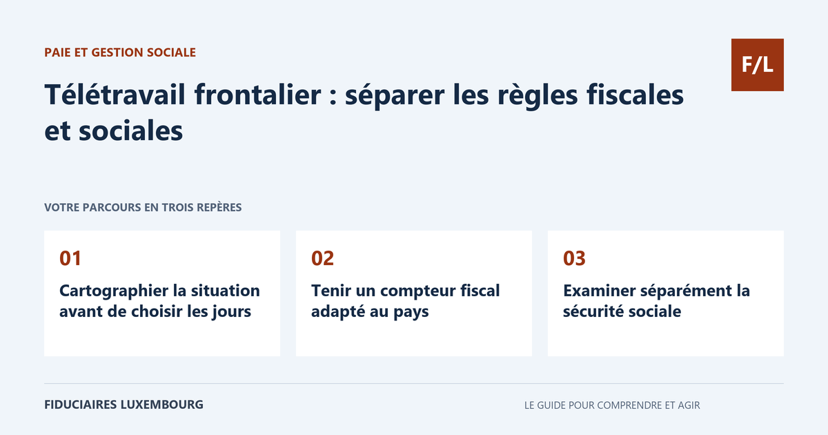 Télétravail frontalier : séparer les règles fiscales et sociales : Cartographier la situation avant de choisir les jours, Tenir un compteur fiscal adapté au pays, Examiner séparément la sécurité sociale